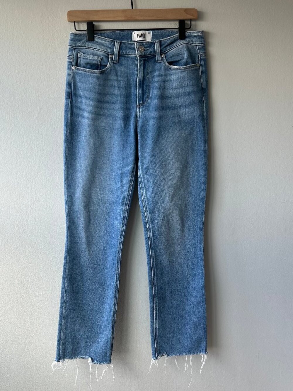 PAIGE Cindy High Rise Straight Jeans Women Size 27 Light Wash Raw Hem - Picture 2 of 12